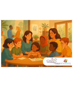 Klas met kinderen en salto logo